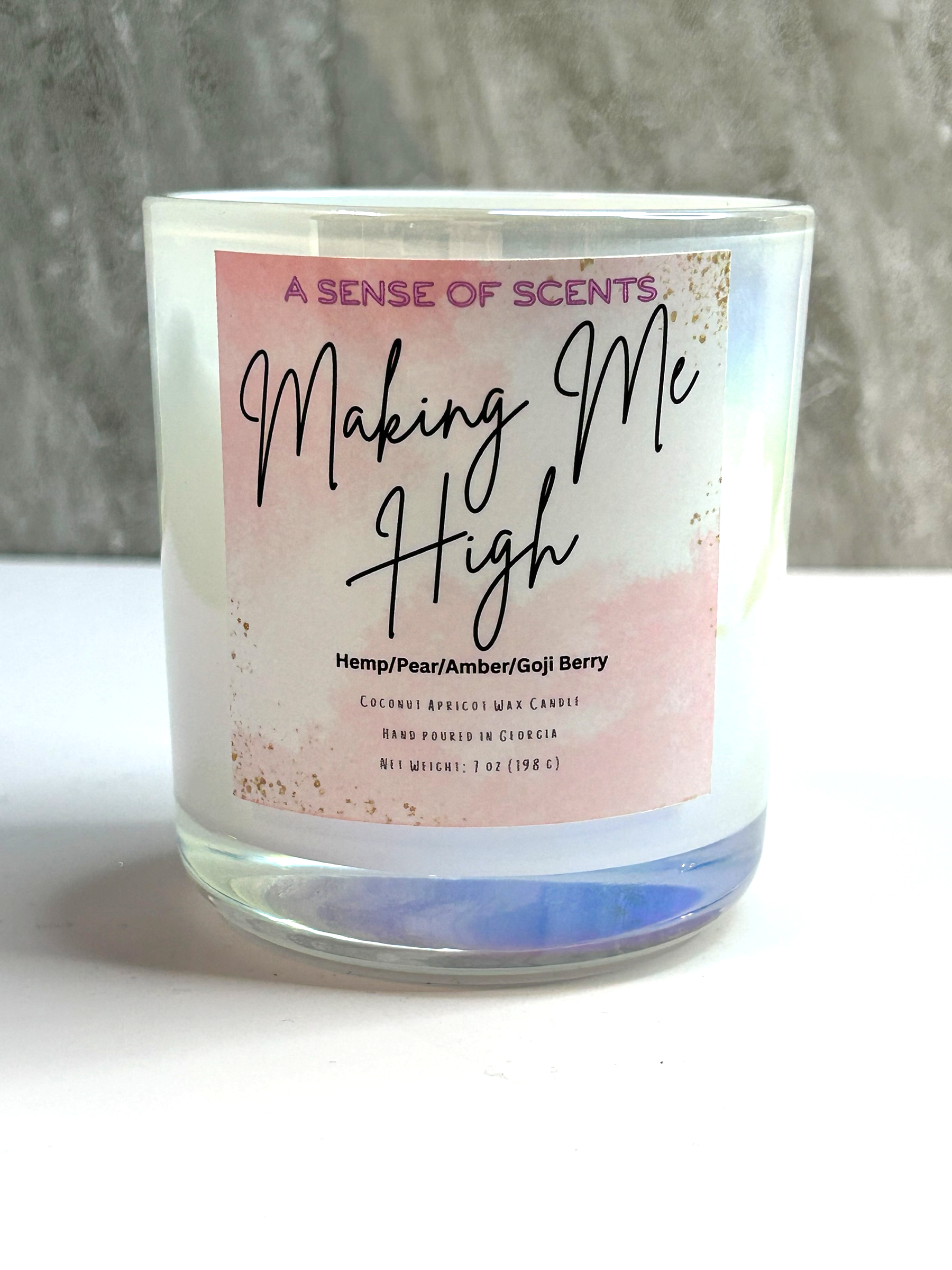 Making Me High 12oz coconut apricot wax candle with a wooden wick, hemp and goji berry scent, made in Georgia