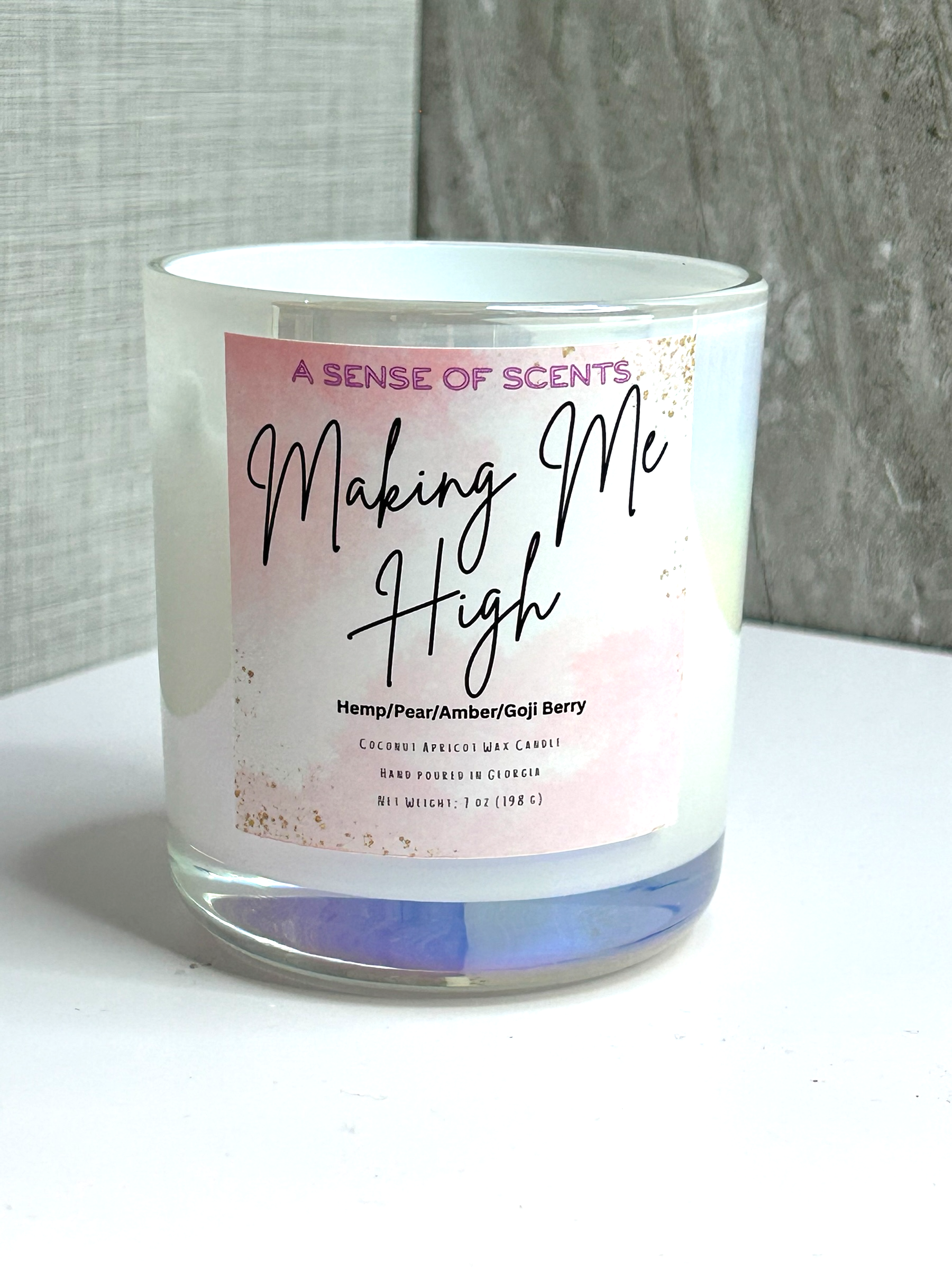 Making Me High 7oz wooden wick coconut apricot wax candle by A Sense of Scents, hemp and goji berry scent