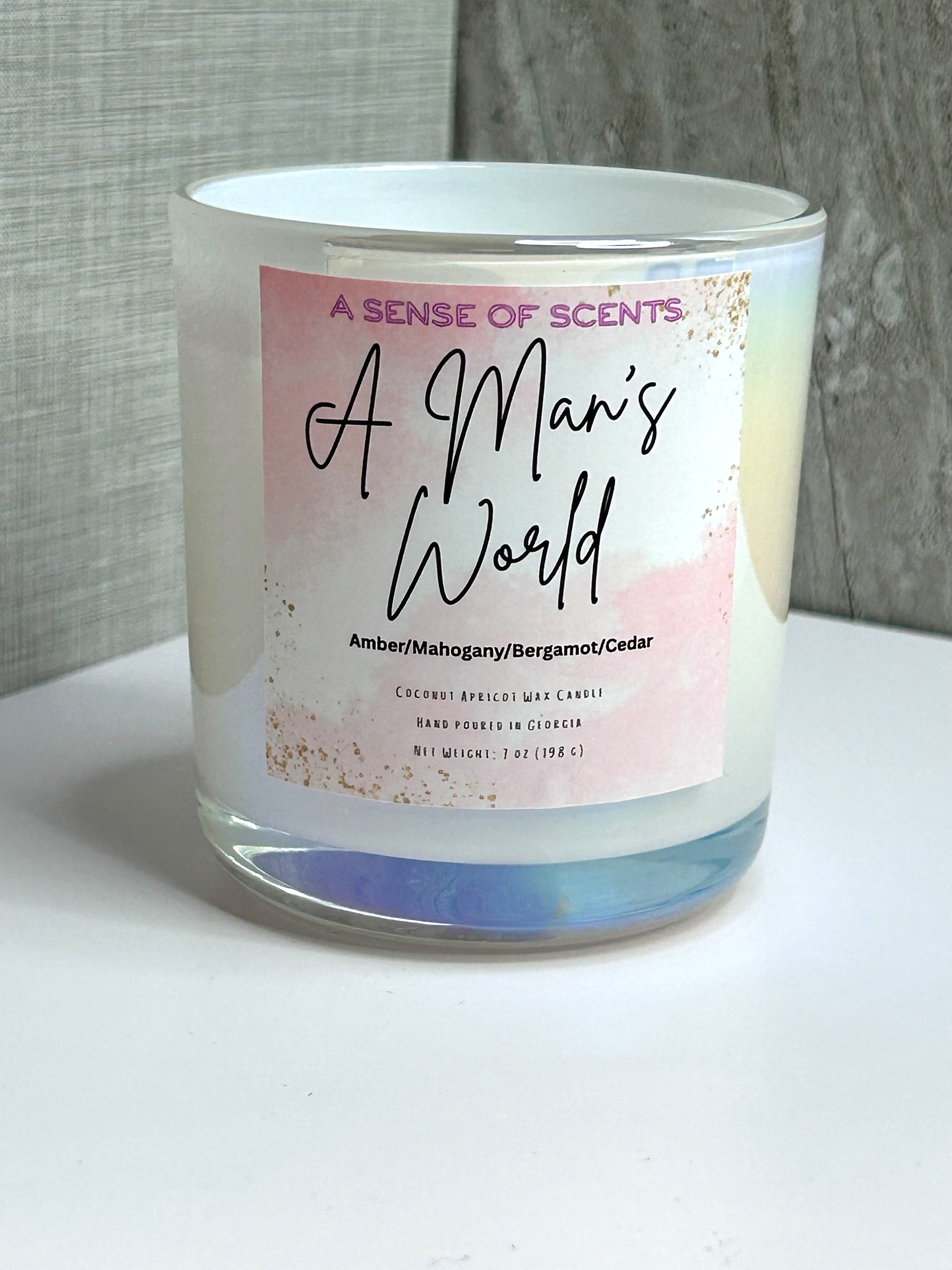 Pink candle labeled 'A man's world' on a white background