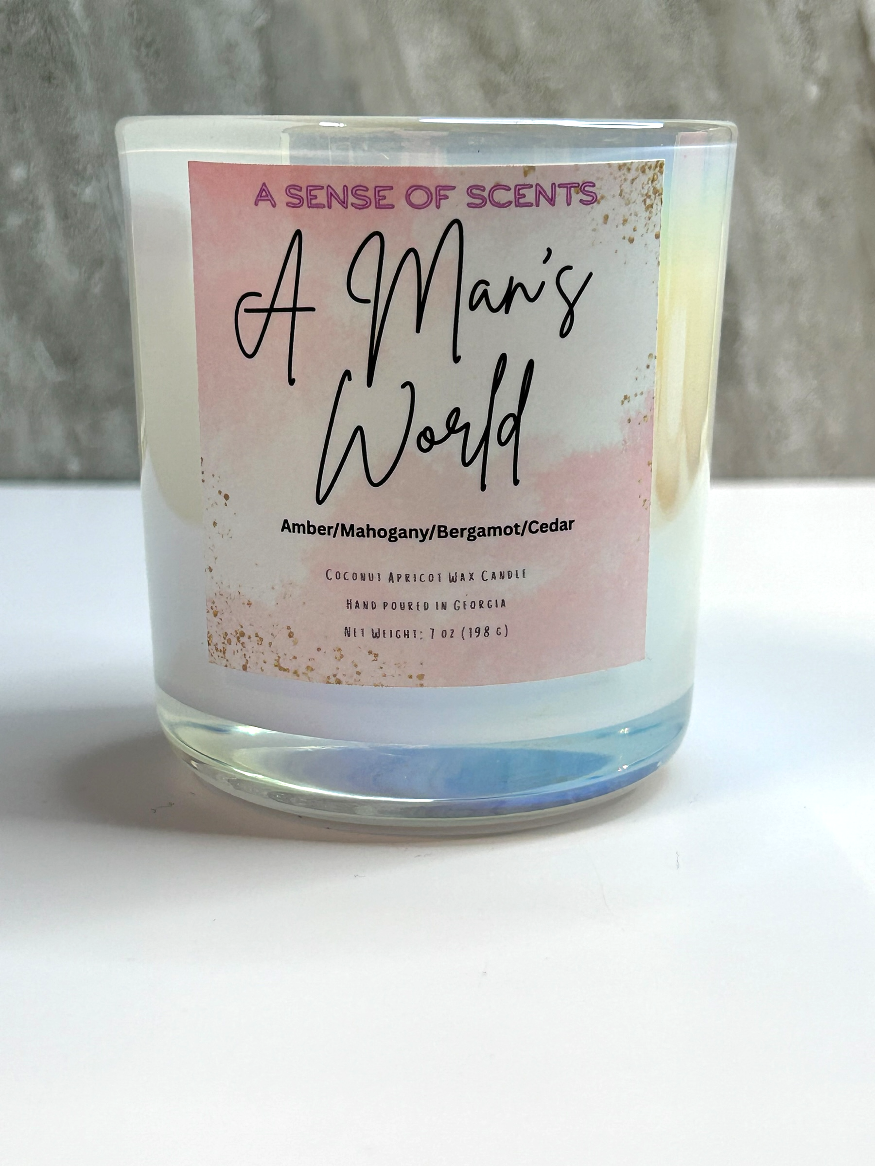 Pink candle labeled 'A man's world' on a white background