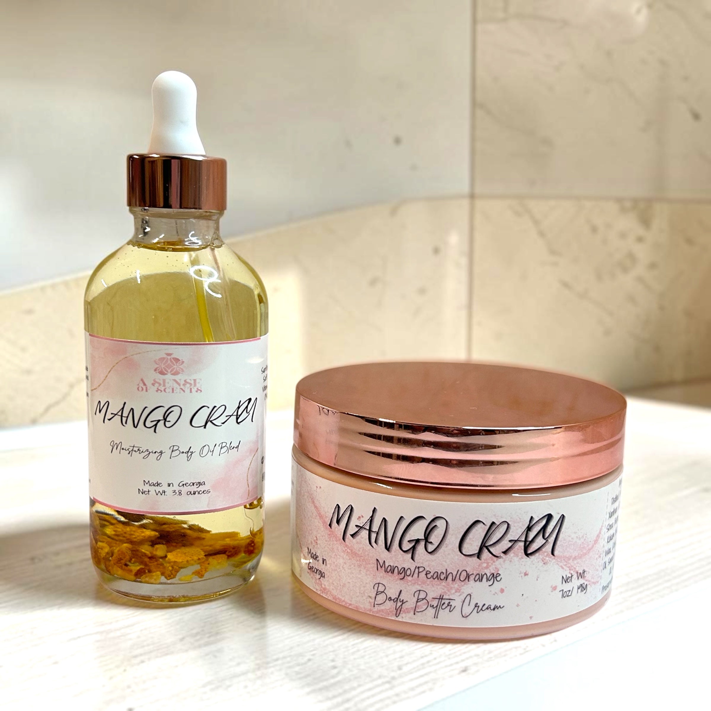 Jar of Mango Crazy body butter cream with a rose gold lid on a light wooden surface.